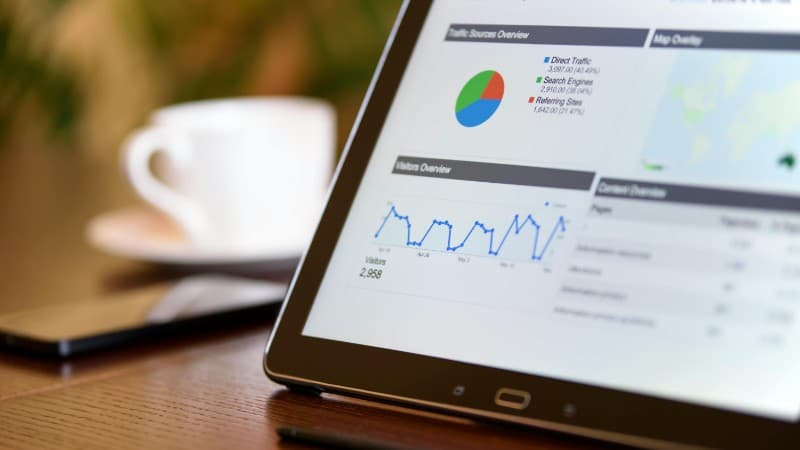 Close-up of a tablet displaying analytics charts on a wooden office desk, alongside a smartphone and coffee cup., tags: ai copilot casino affiliate - pexel